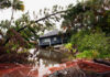 A house surrounded by floodwaters and fallen trees after a storm