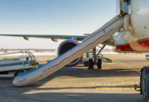 Airplane emergency slide deployed on airport tarmac