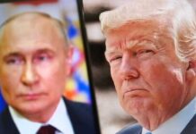 Split image of Donald Trump and Vladimir Putin during a public appearance